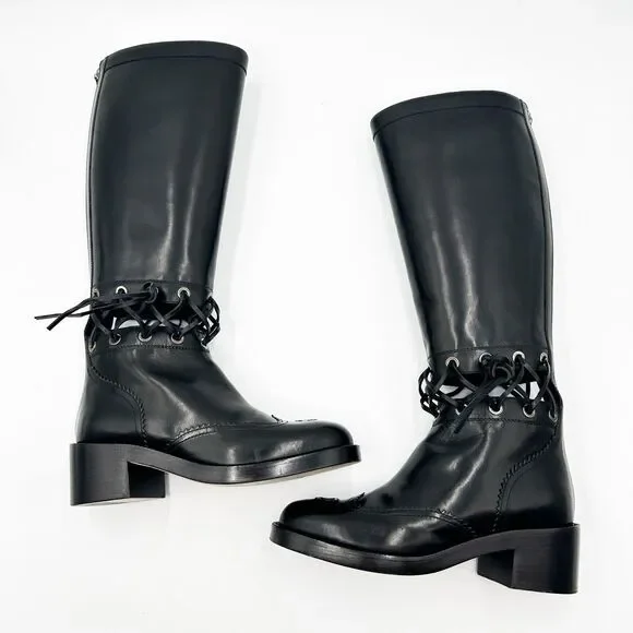 Chanel Knee High Boots Cap Toe Black Leather Lace Up Cutout - Picture 3 of 16